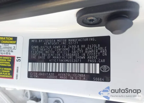 2021 Toyota Camry Le from USA, damaged, VIN 4T1C11AKXMU553071